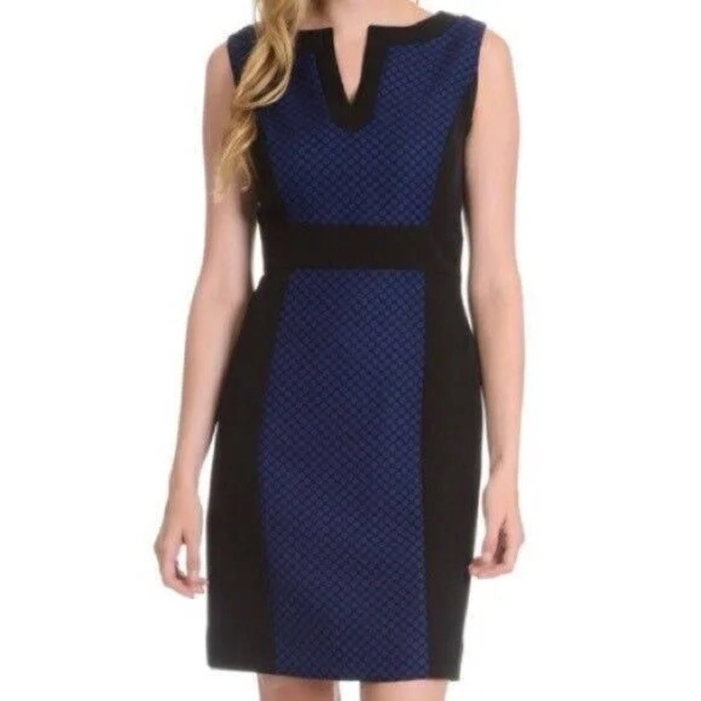 NWT Tahari ASL Levine Black Blue Polka Dot Split Neck Sheath Dress - size 14